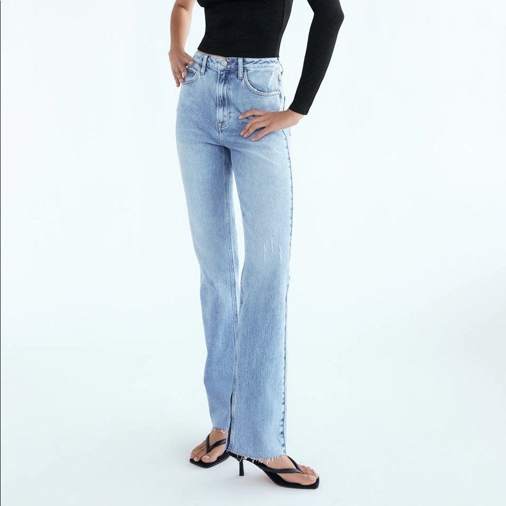 Slim Flared Slitted High Rise Jeans- Mid Blue